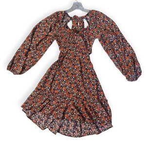 Lush Floral Mini Dress Babydoll Ruffle Trim Dress Open Back Double Tie Sz Small